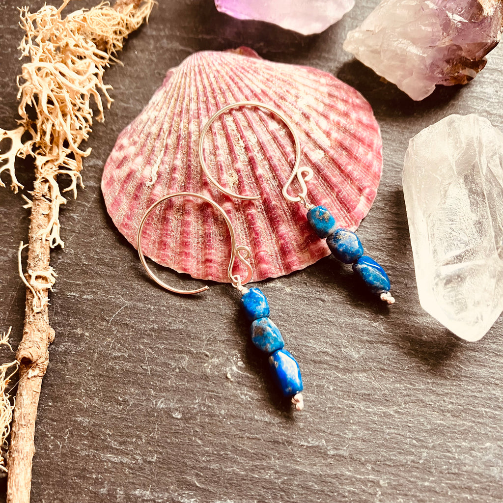 Pair of blue beaded earrings on a pink shell with crystals and branches in the background
